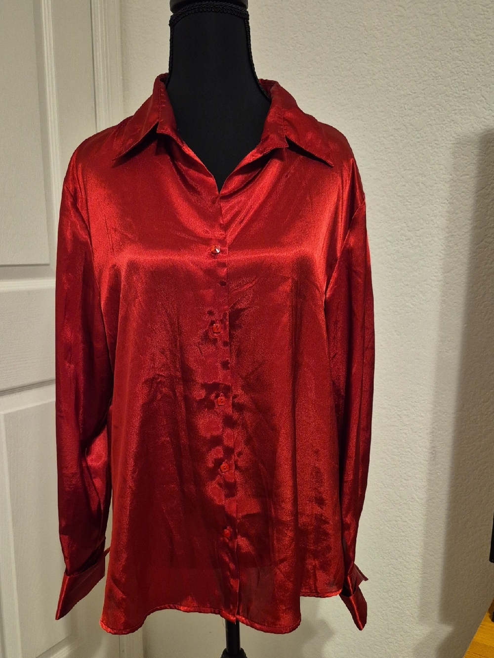 Notations Red Satin Button-Down Blouse